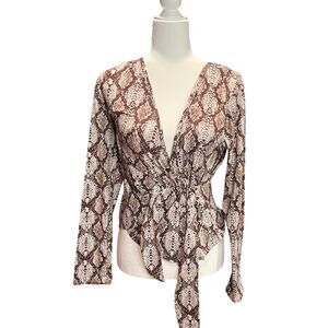 Y2K Glam Snakeskin Print Tie Blouse Large | 2000s Top Animal Print